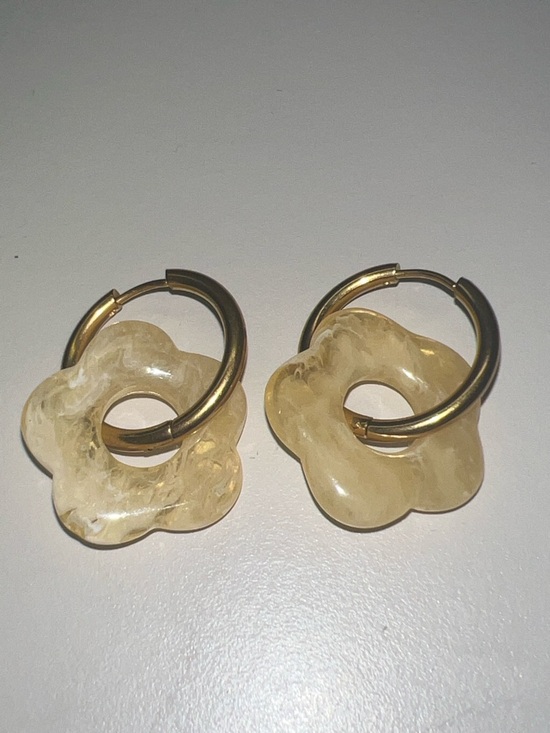 Jewelry - Gold Hoop Earrings with Cream Flower Charms - Women Jewelry
